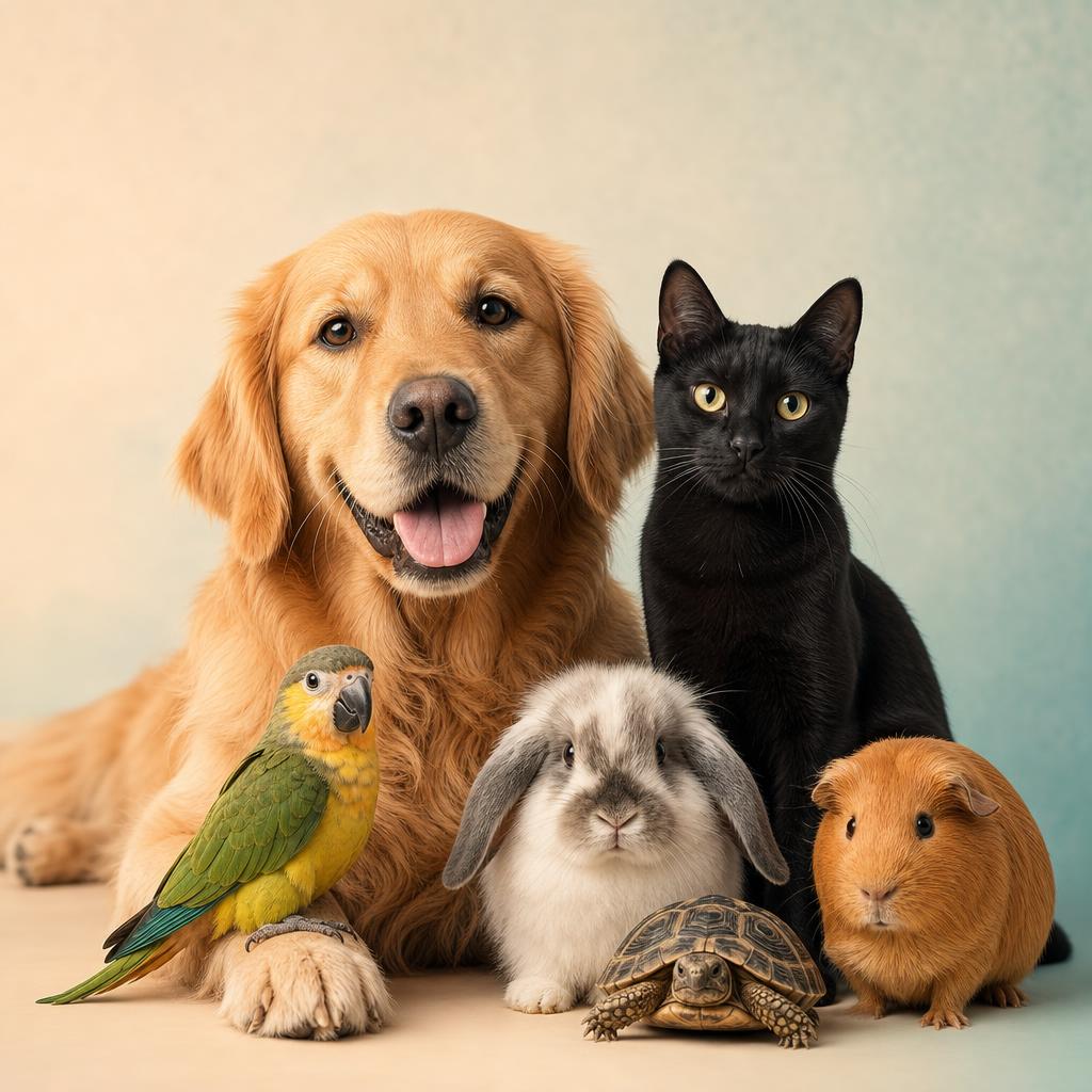 Cane, gatto, coniglio, pappagallo, porcellino d'India e tartaruga insieme